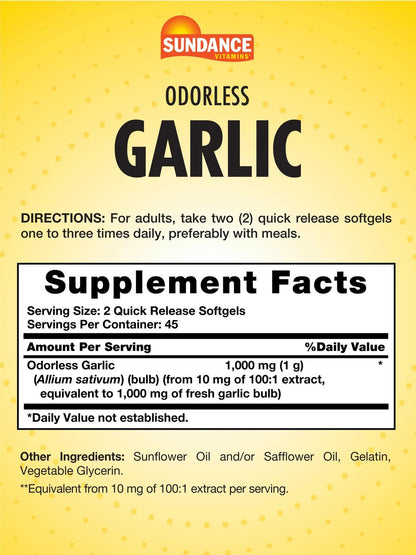 Sundance Geruchsloses Knoblauchöl Softgels | 90 Kapseln | Nicht-GVO und glutenfrei