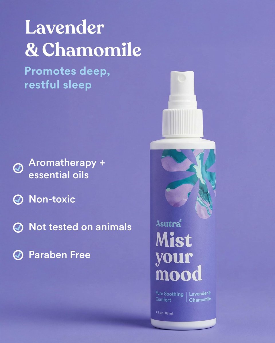 Asutra Lavendel & Kamille Mehrzweck-Raumspray – Natürliches Aromatherapie-Spray für Bettwäsche & Kissen – Beruhigender Duft für Schlaf & Entspannung – 118 ml