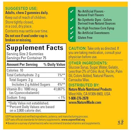 Nature Made Vitamin B12 Gummies 1000 mcg pro Portion – Nahrungsergänzungsmittel zur Unterstützung des Energiestoffwechsels, 150 Fruchtgummis, 75 Tage Vorrat