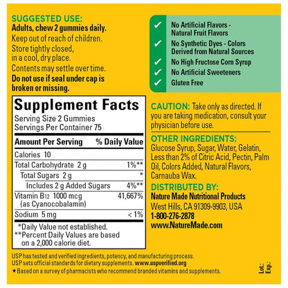 Nature Made Vitamin B12 Gummies 1000 mcg pro Portion – Nahrungsergänzungsmittel zur Unterstützung des Energiestoffwechsels, 150 Fruchtgummis, 75 Tage Vorrat