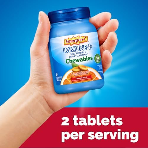 Emergen-C Immune+ Chewable 1000 mg Vitamin C mit Vitamin D – 42 Tabletten, Orange Blast Geschmack