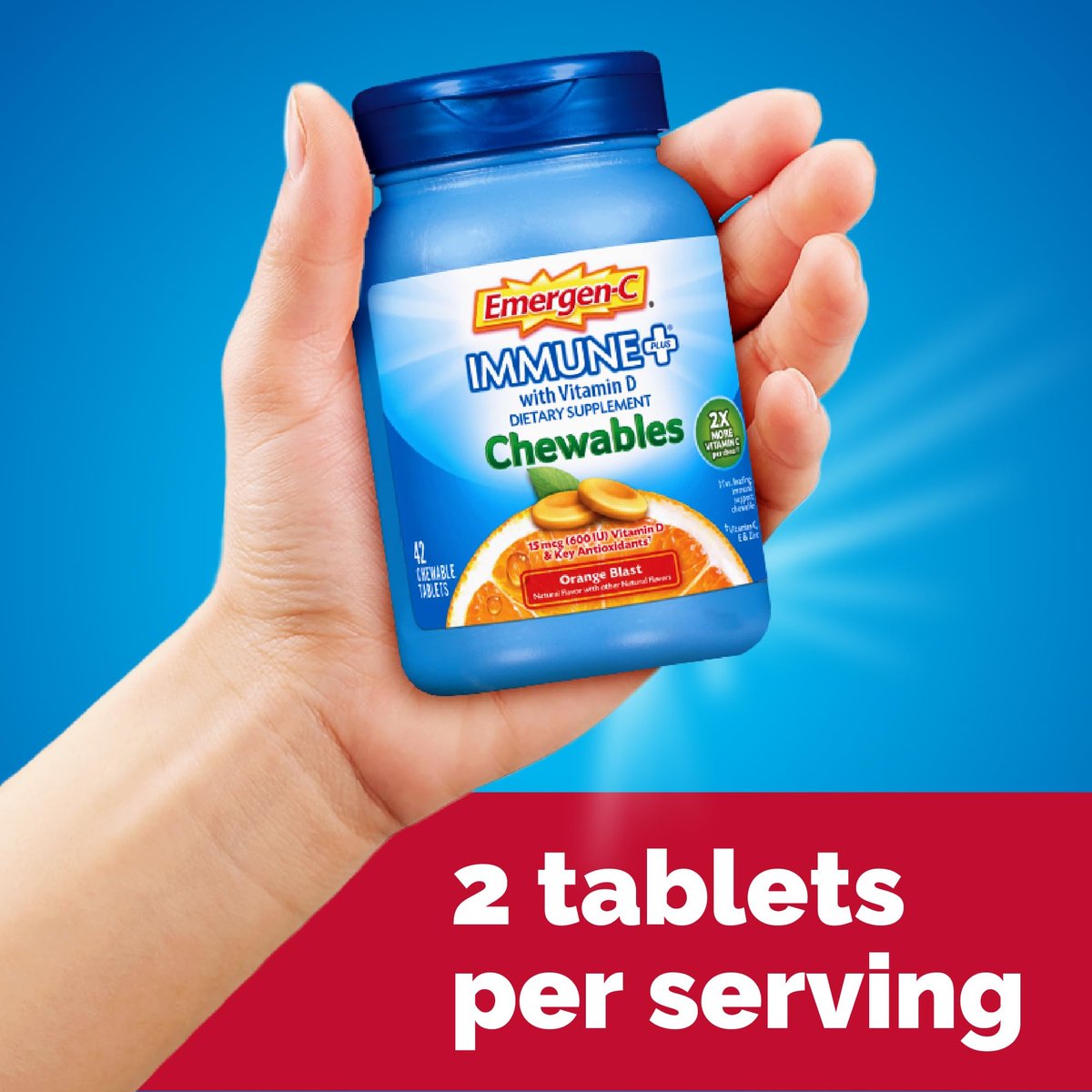 Emergen-C Immune+ Chewable 1000 mg Vitamin C mit Vitamin D – 42 Tabletten, Orange Blast Geschmack