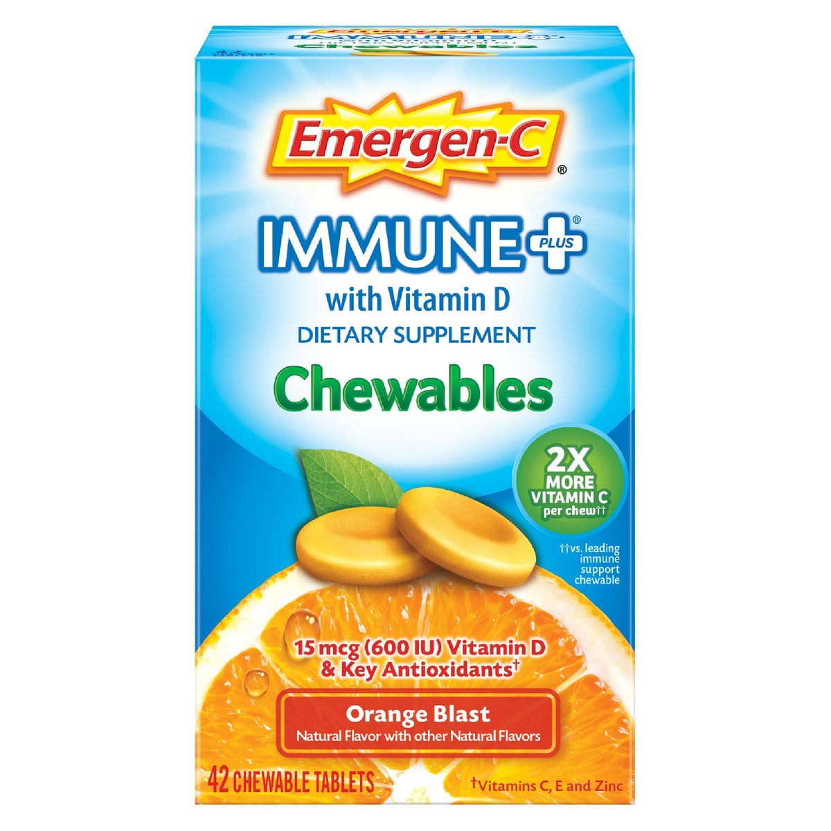 Emergen-C Immune+ Chewable 1000 mg Vitamin C mit Vitamin D – 42 Tabletten, Orange Blast Geschmack