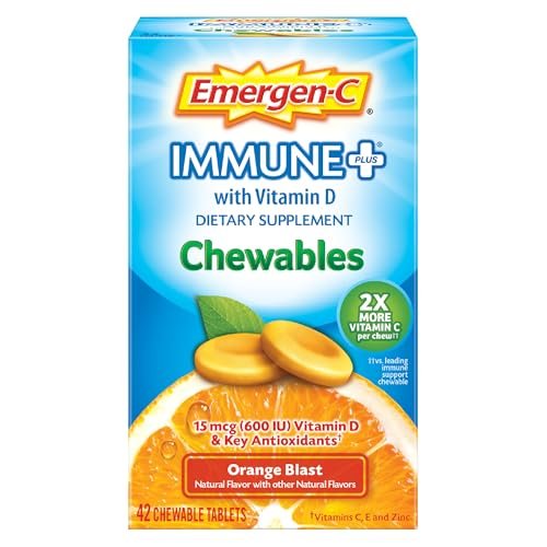Emergen-C Immune+ Chewable 1000 mg Vitamin C mit Vitamin D – 42 Tabletten, Orange Blast Geschmack