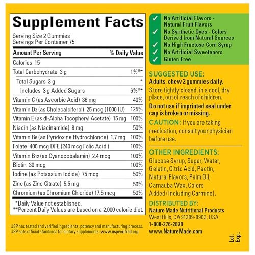 Nature Made Multivitamin Gummies für Männer und Frauen – Tägliche Nährstoffversorgung mit Vitaminen und Mineralstoffen, 150 Gummibärchen, 75 Tage Vorrat