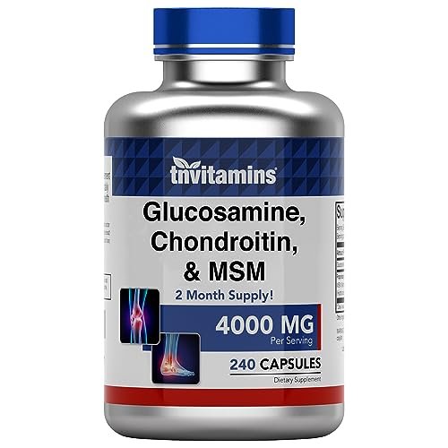 tnvitamins Glucosamin Chondroitin MSM Kapseln, 240 Stück | 4.000 mg pro Portion | 2.000 mg Glucosaminsulfat 2KCl + 2.000 mg MSM & Chondroitin-Mischung | Nahrungsergänzungsmittel für Gelenke