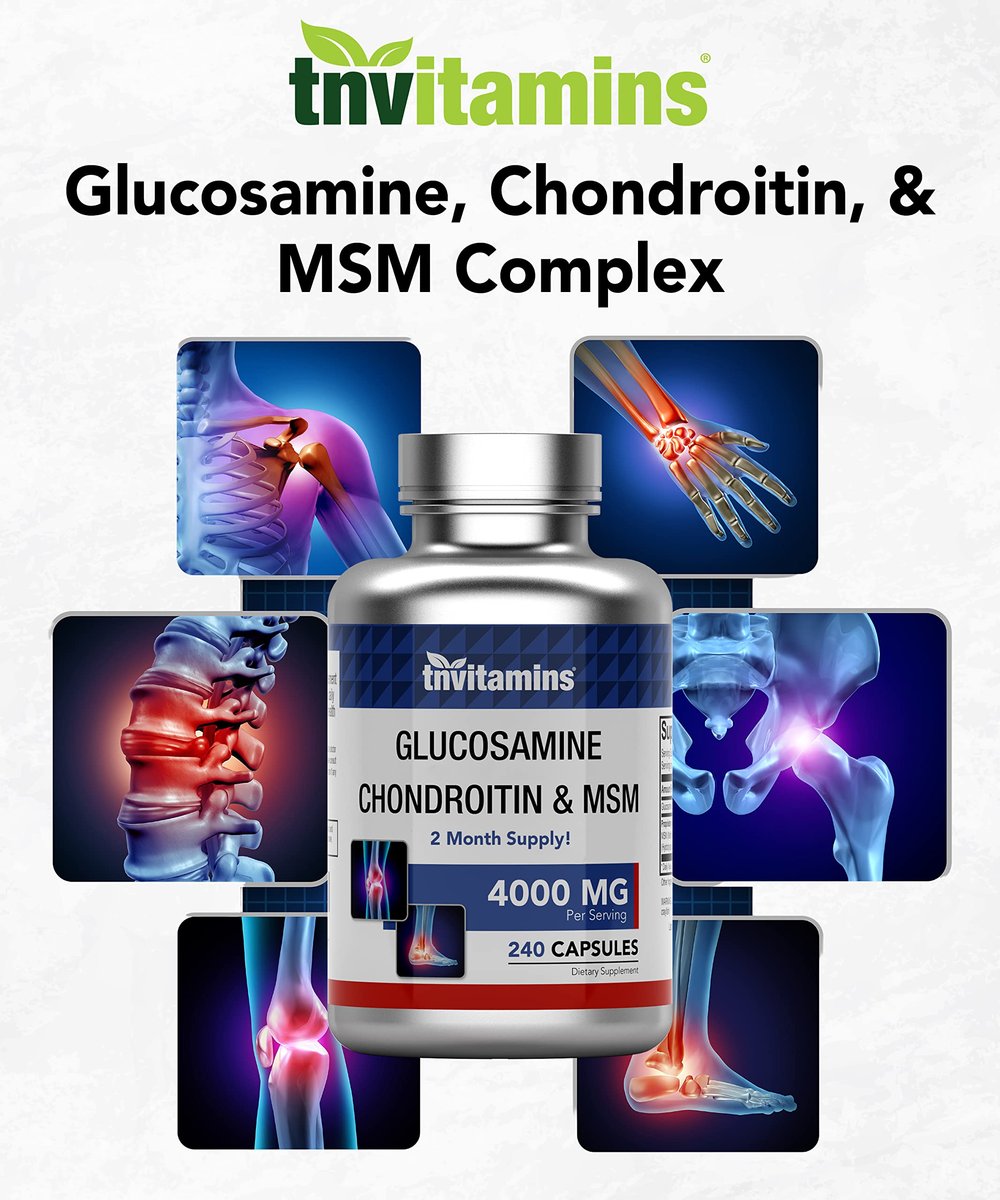 tnvitamins Glucosamin Chondroitin MSM Kapseln, 240 Stück | 4.000 mg pro Portion | 2.000 mg Glucosaminsulfat 2KCl + 2.000 mg MSM & Chondroitin-Mischung | Nahrungsergänzungsmittel für Gelenke