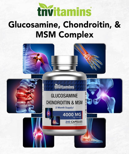 tnvitamins Glucosamin Chondroitin MSM Kapseln, 240 Stück | 4.000 mg pro Portion | 2.000 mg Glucosaminsulfat 2KCl + 2.000 mg MSM & Chondroitin-Mischung | Nahrungsergänzungsmittel für Gelenke