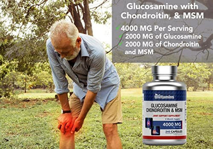 tnvitamins Glucosamin Chondroitin MSM Kapseln, 240 Stück | 4.000 mg pro Portion | 2.000 mg Glucosaminsulfat 2KCl + 2.000 mg MSM & Chondroitin-Mischung | Nahrungsergänzungsmittel für Gelenke