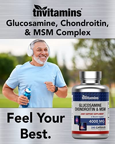 tnvitamins Glucosamin Chondroitin MSM Kapseln, 240 Stück | 4.000 mg pro Portion | 2.000 mg Glucosaminsulfat 2KCl + 2.000 mg MSM & Chondroitin-Mischung | Nahrungsergänzungsmittel für Gelenke