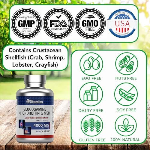 tnvitamins Glucosamin Chondroitin MSM Kapseln, 240 Stück | 4.000 mg pro Portion | 2.000 mg Glucosaminsulfat 2KCl + 2.000 mg MSM & Chondroitin-Mischung | Nahrungsergänzungsmittel für Gelenke