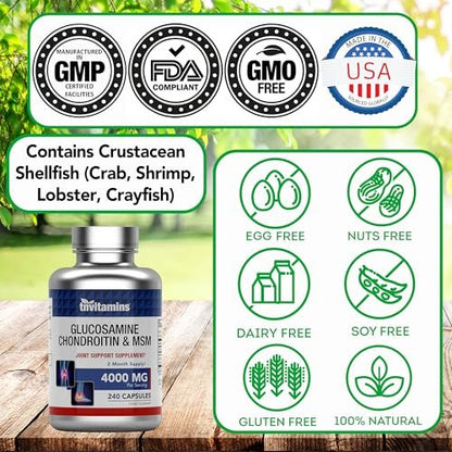 tnvitamins Glucosamin Chondroitin MSM Kapseln, 240 Stück | 4.000 mg pro Portion | 2.000 mg Glucosaminsulfat 2KCl + 2.000 mg MSM & Chondroitin-Mischung | Nahrungsergänzungsmittel für Gelenke
