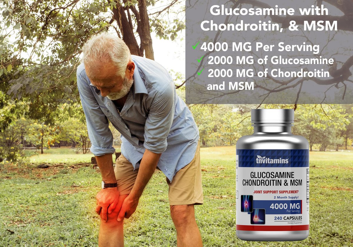 tnvitamins Glucosamin Chondroitin MSM Kapseln, 240 Stück | 4.000 mg pro Portion | 2.000 mg Glucosaminsulfat 2KCl + 2.000 mg MSM & Chondroitin-Mischung | Nahrungsergänzungsmittel für Gelenke