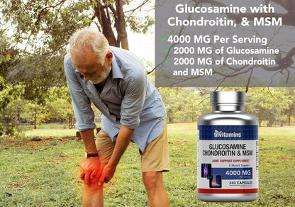 tnvitamins Glucosamin Chondroitin MSM Kapseln, 240 Stück | 4.000 mg pro Portion | 2.000 mg Glucosaminsulfat 2KCl + 2.000 mg MSM & Chondroitin-Mischung | Nahrungsergänzungsmittel für Gelenke