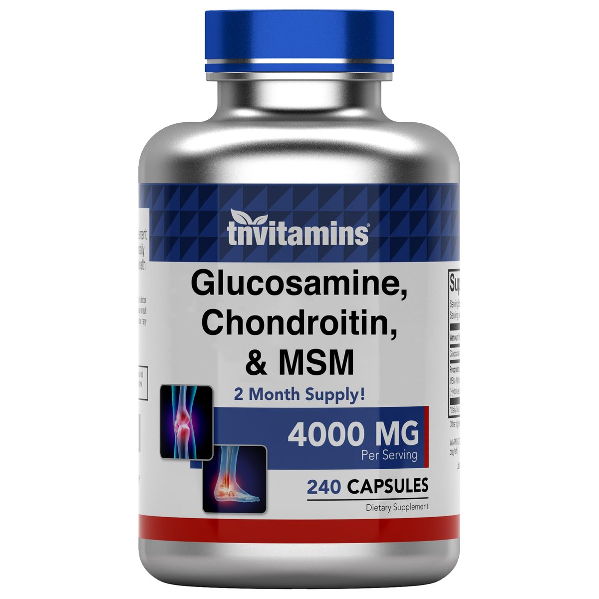 tnvitamins Glucosamin Chondroitin MSM Kapseln, 240 Stück | 4.000 mg pro Portion | 2.000 mg Glucosaminsulfat 2KCl + 2.000 mg MSM & Chondroitin-Mischung | Nahrungsergänzungsmittel für Gelenke