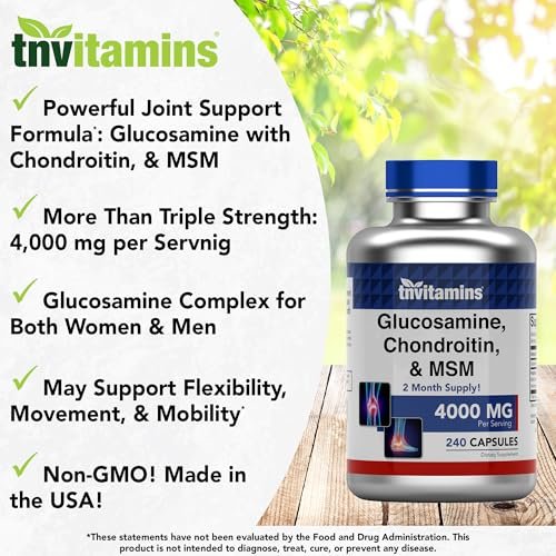 tnvitamins Glucosamin Chondroitin MSM Kapseln, 240 Stück | 4.000 mg pro Portion | 2.000 mg Glucosaminsulfat 2KCl + 2.000 mg MSM & Chondroitin-Mischung | Nahrungsergänzungsmittel für Gelenke