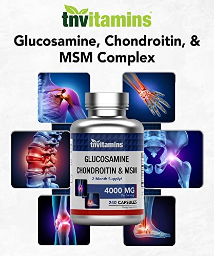 tnvitamins Glucosamin Chondroitin MSM Kapseln, 240 Stück | 4.000 mg pro Portion | 2.000 mg Glucosaminsulfat 2KCl + 2.000 mg MSM & Chondroitin-Mischung | Nahrungsergänzungsmittel für Gelenke