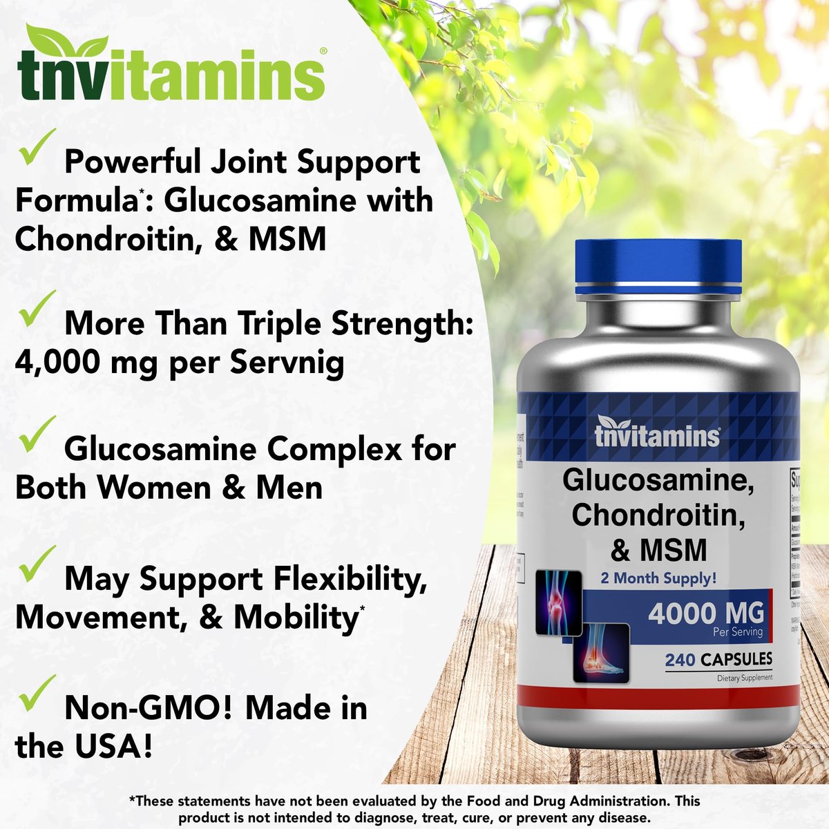 tnvitamins Glucosamin Chondroitin MSM Kapseln, 240 Stück | 4.000 mg pro Portion | 2.000 mg Glucosaminsulfat 2KCl + 2.000 mg MSM & Chondroitin-Mischung | Nahrungsergänzungsmittel für Gelenke