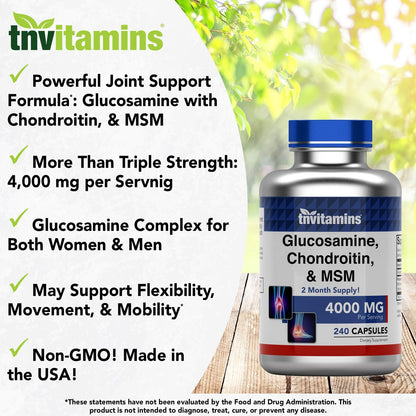 tnvitamins Glucosamin Chondroitin MSM Kapseln, 240 Stück | 4.000 mg pro Portion | 2.000 mg Glucosaminsulfat 2KCl + 2.000 mg MSM & Chondroitin-Mischung | Nahrungsergänzungsmittel für Gelenke