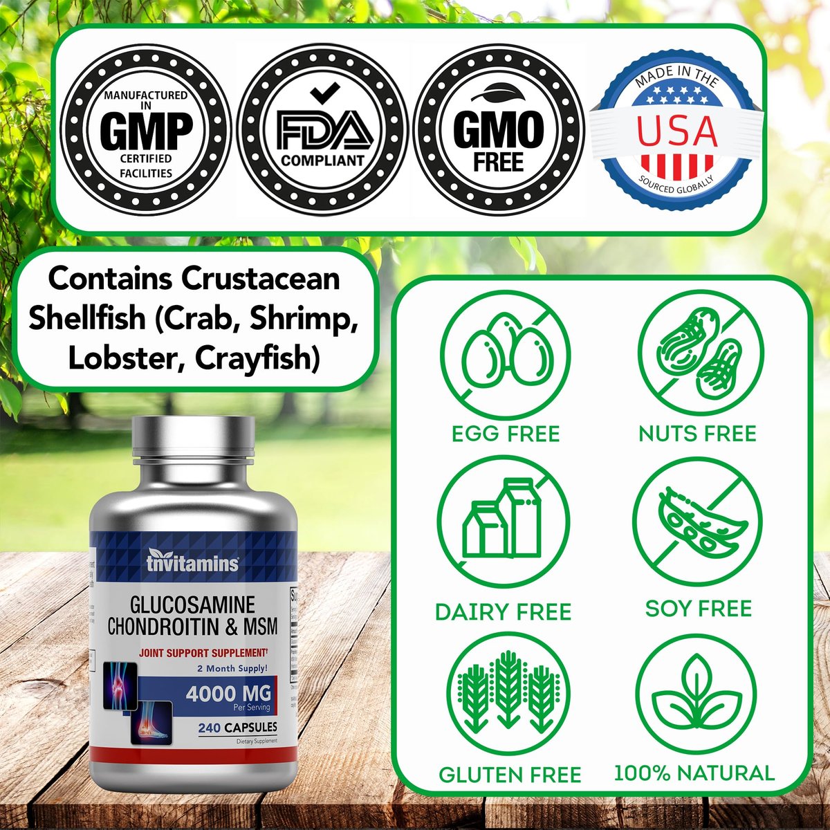 tnvitamins Glucosamin Chondroitin MSM Kapseln, 240 Stück | 4.000 mg pro Portion | 2.000 mg Glucosaminsulfat 2KCl + 2.000 mg MSM & Chondroitin-Mischung | Nahrungsergänzungsmittel für Gelenke