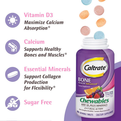 Caltrate Kaubare 600 +D3 Plus Mineralien Calcium und Vitamin D, Zuckerfrei, Kirsche, Orange und Fruchtpunsch, 90 Stück