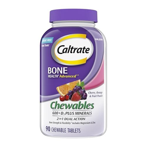 Caltrate Kaubare 600 +D3 Plus Mineralien Calcium und Vitamin D, Zuckerfrei, Kirsche, Orange und Fruchtpunsch, 90 Stück