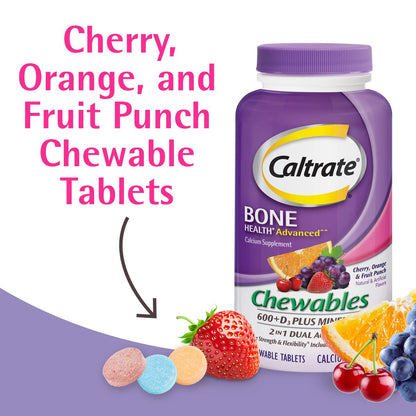 Caltrate Kaubare 600 +D3 Plus Mineralien Calcium und Vitamin D, Zuckerfrei, Kirsche, Orange und Fruchtpunsch, 90 Stück