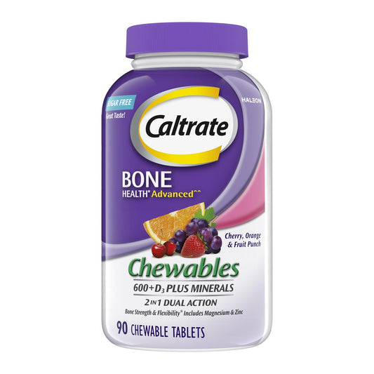 Caltrate Kaubare 600 +D3 Plus Mineralien Calcium und Vitamin D, Zuckerfrei, Kirsche, Orange und Fruchtpunsch, 90 Stück