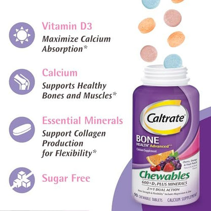 Caltrate Kaubare 600 +D3 Plus Mineralien Calcium und Vitamin D, Zuckerfrei, Kirsche, Orange und Fruchtpunsch, 90 Stück
