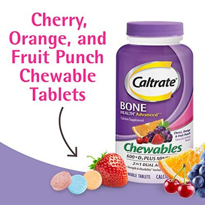 Caltrate Kaubare 600 +D3 Plus Mineralien Calcium und Vitamin D, Zuckerfrei, Kirsche, Orange und Fruchtpunsch, 90 Stück