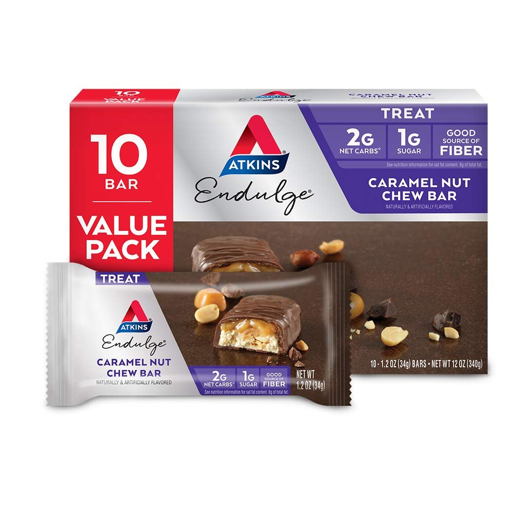 Atkins Endulge Karamell-Nuss-Riegel – Zuckerarmer Snack, Dessertriegel, ballaststoffreicher Riegel mit 1 g Zucker, 10er Pack