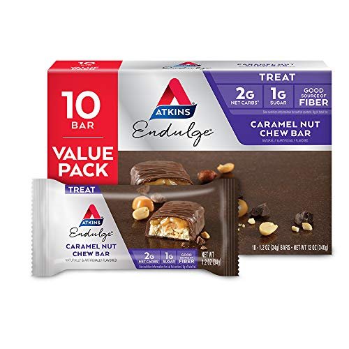 Atkins Endulge Karamell-Nuss-Riegel – Zuckerarmer Snack, Dessertriegel, ballaststoffreicher Riegel mit 1 g Zucker, 10er Pack