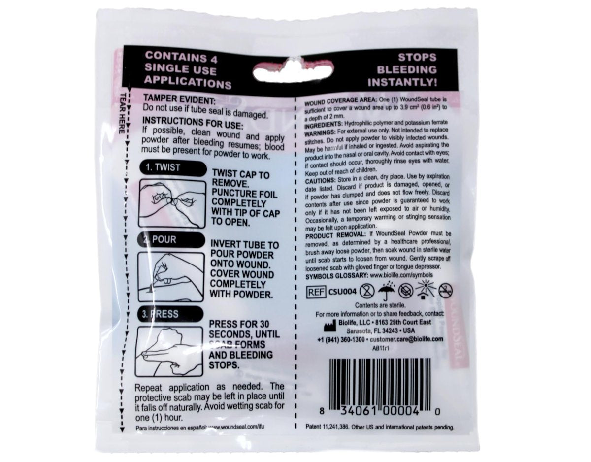 WoundSeal Topisches Pulver zur Wundversorgung – Erste Hilfe bei Schnittwunden, Schürfwunden und Abschürfungen – Einzeldosis, 4 Stück (Verpackung kann variieren)