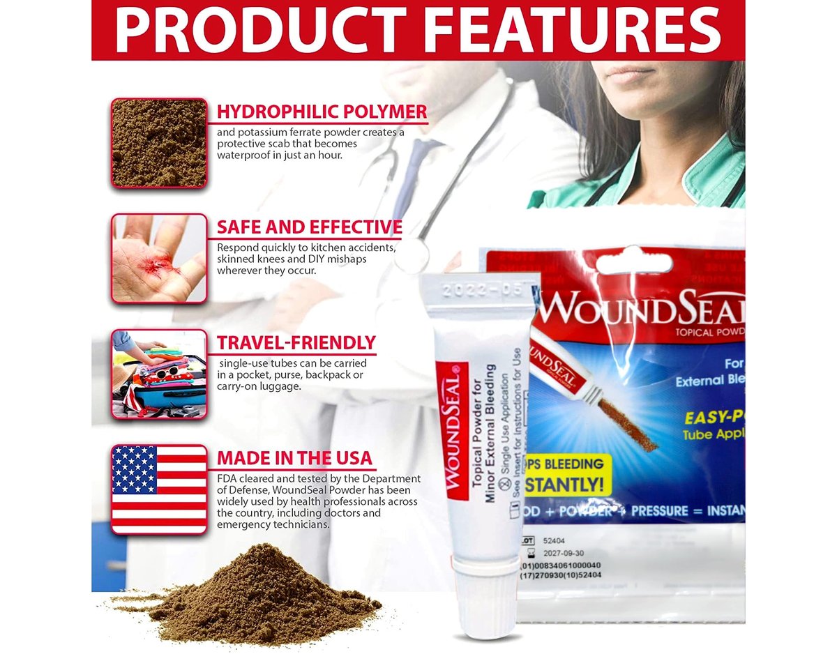 WoundSeal Topisches Pulver zur Wundversorgung – Erste Hilfe bei Schnittwunden, Schürfwunden und Abschürfungen – Einzeldosis, 4 Stück (Verpackung kann variieren)