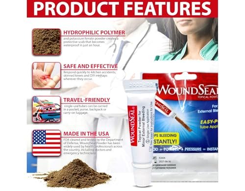 WoundSeal Topisches Pulver zur Wundversorgung – Erste Hilfe bei Schnittwunden, Schürfwunden und Abschürfungen – Einzeldosis, 4 Stück (Verpackung kann variieren)