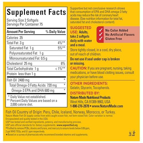 Nature Made Fischöl Omega 3 Kapseln, 1200 mg, 150 Weichkapseln, 75 Tage Vorrat, Unterstützt die Herzgesundheit