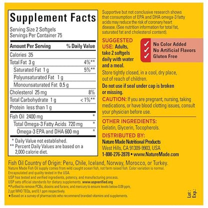 Nature Made Fischöl Omega 3 Kapseln, 1200 mg, 150 Weichkapseln, 75 Tage Vorrat, Unterstützt die Herzgesundheit