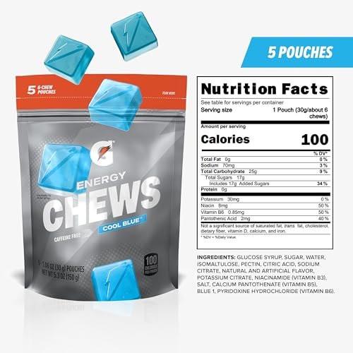 Gatorade Energy Chews Cool Blue – Koffeinfrei, mit B12, 100 Kalorien, 5er-Pack
