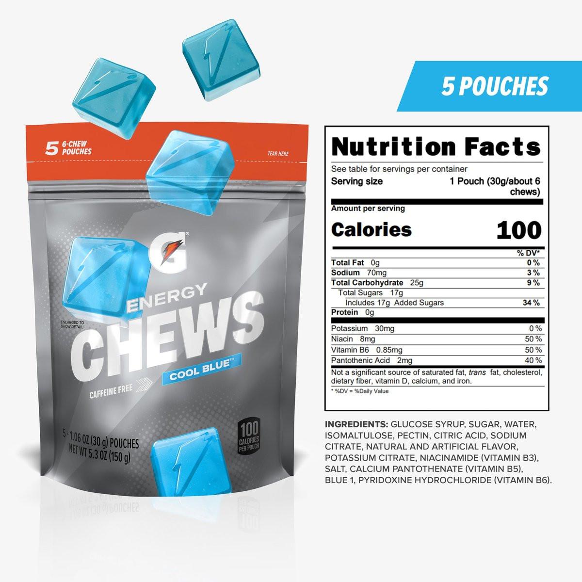 Gatorade Energy Chews Cool Blue – Koffeinfrei, mit B12, 100 Kalorien, 5er-Pack