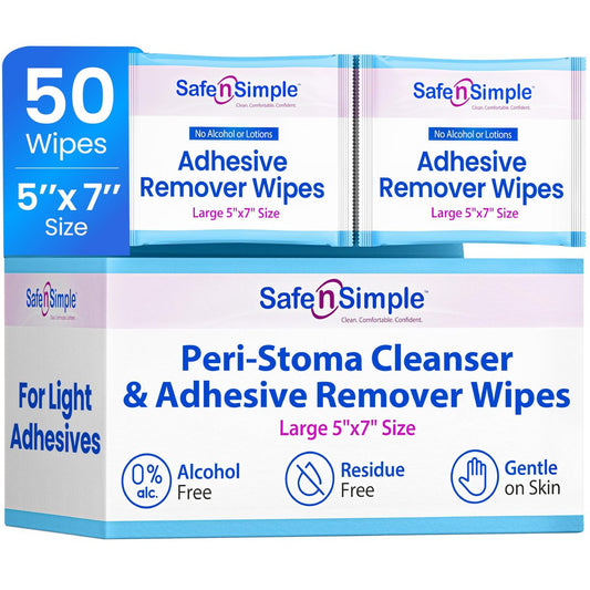 Safe n' Simple Kleberentferner-Tücher für die Haut – 50 einzeln verpackte Tücher (12,7 x 17,8 cm) – Alkoholfrei, sanft zu empfindlicher Haut – Stoma-Kleberentferner ohne Brennen