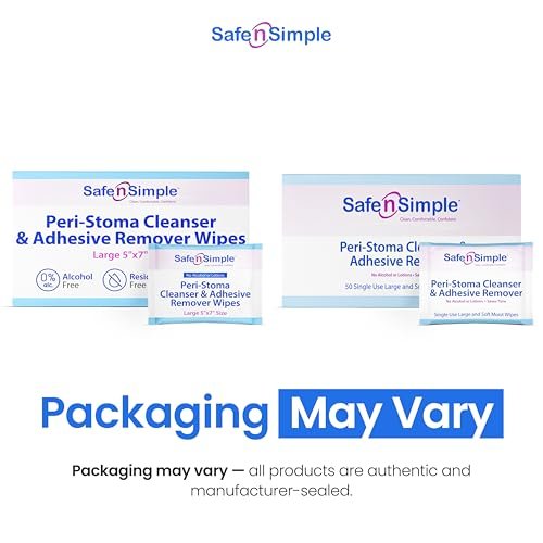 Safe n' Simple Kleberentferner-Tücher für die Haut – 50 einzeln verpackte Tücher (12,7 x 17,8 cm) – Alkoholfrei, sanft zu empfindlicher Haut – Stoma-Kleberentferner ohne Brennen