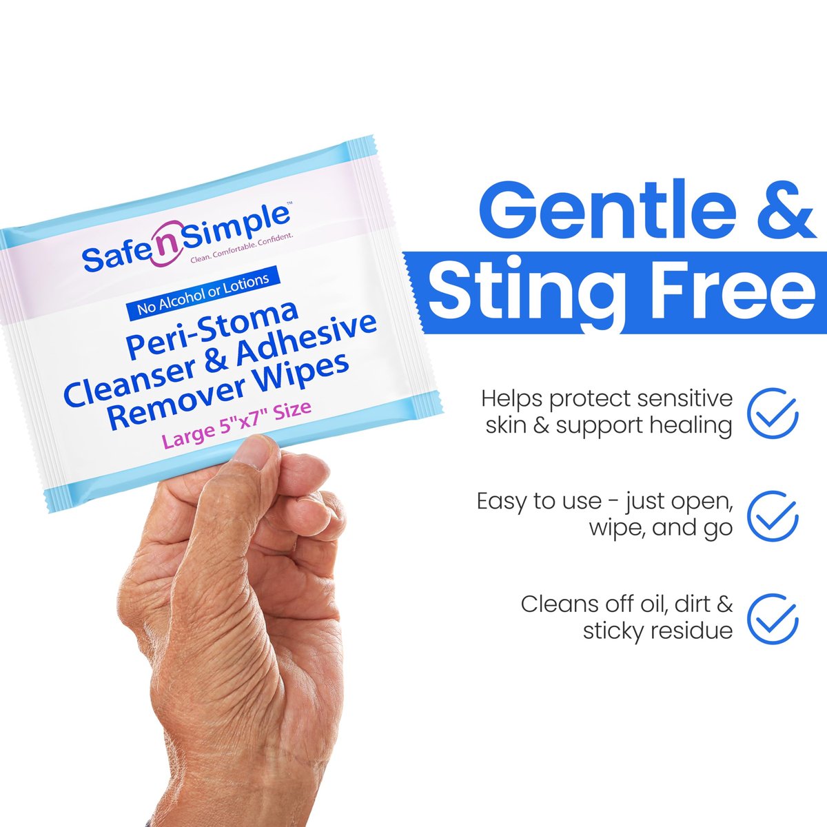 Safe n' Simple Kleberentferner-Tücher für die Haut – 50 einzeln verpackte Tücher (12,7 x 17,8 cm) – Alkoholfrei, sanft zu empfindlicher Haut – Stoma-Kleberentferner ohne Brennen