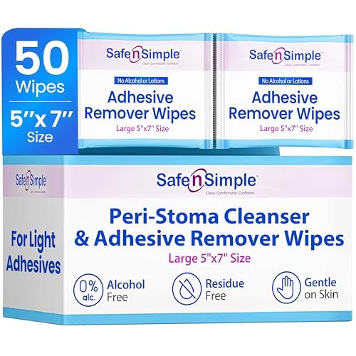 Safe n' Simple Kleberentferner-Tücher für die Haut – 50 einzeln verpackte Tücher (12,7 x 17,8 cm) – Alkoholfrei, sanft zu empfindlicher Haut – Stoma-Kleberentferner ohne Brennen