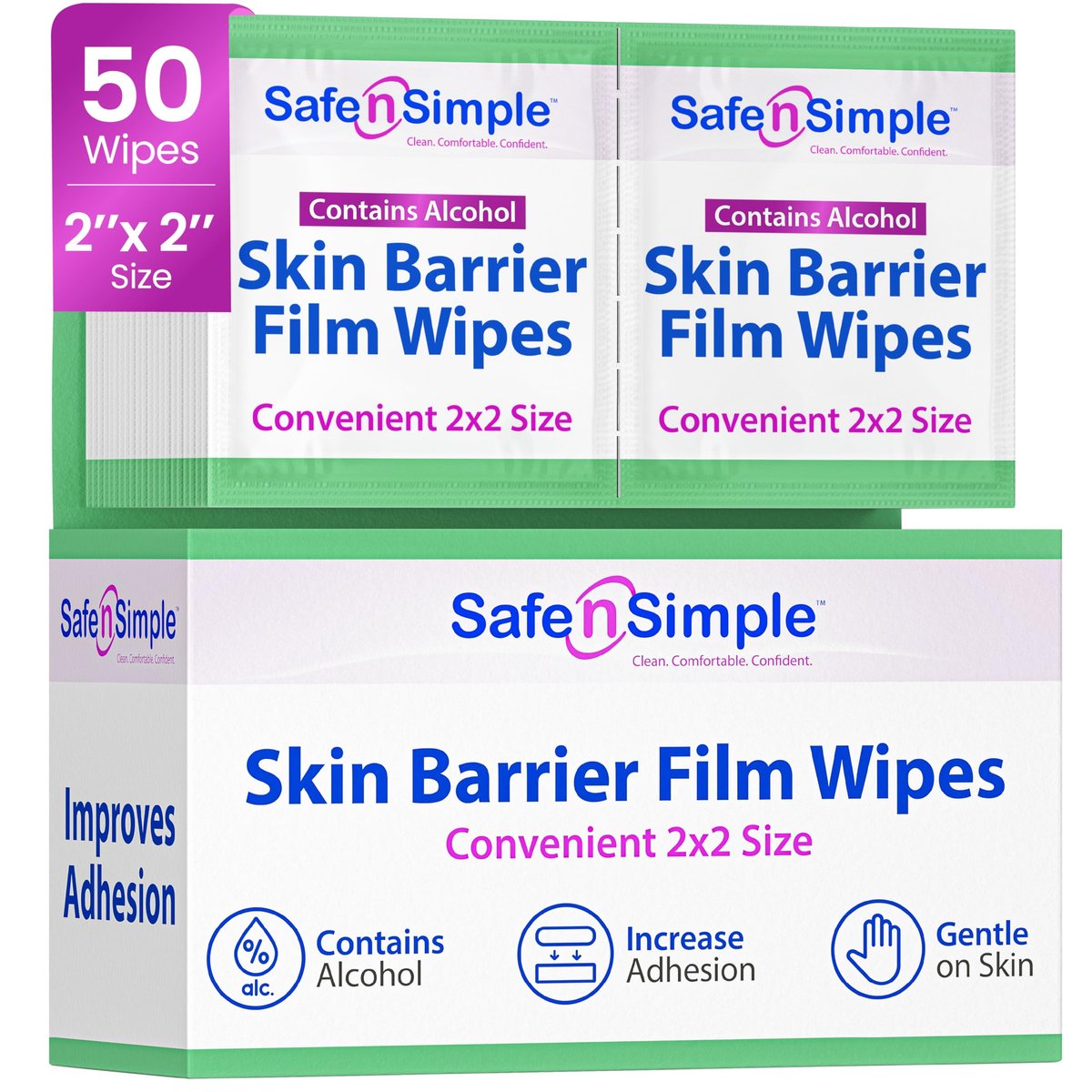 Safe n' Simple Hautbarriere-Tücher mit Alkohol - 2" x 2" - 50 Stück - Hautvorbereitungstücher für Stomaversorgung, einzeln verpackte Barrieretücher zur Stomahautvorbereitung