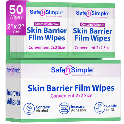 Safe n' Simple Hautbarriere-Tücher mit Alkohol - 2" x 2" - 50 Stück - Hautvorbereitungstücher für Stomaversorgung, einzeln verpackte Barrieretücher zur Stomahautvorbereitung