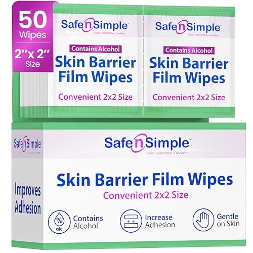 Safe n' Simple Hautbarriere-Tücher mit Alkohol - 2" x 2" - 50 Stück - Hautvorbereitungstücher für Stomaversorgung, einzeln verpackte Barrieretücher zur Stomahautvorbereitung