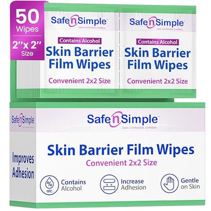 Safe n' Simple Hautbarriere-Tücher mit Alkohol - 2" x 2" - 50 Stück - Hautvorbereitungstücher für Stomaversorgung, einzeln verpackte Barrieretücher zur Stomahautvorbereitung