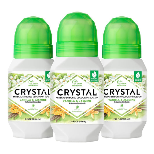 Crystal Essence Mineral Deodorant Roll-On – Vanille Jasmin, 2,25 Fl Oz (3er-Pack) – Veganes Deodorant für Frauen und Männer