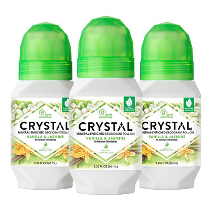 Crystal Essence Mineral Deodorant Roll-On – Vanille Jasmin, 2,25 Fl Oz (3er-Pack) – Veganes Deodorant für Frauen und Männer