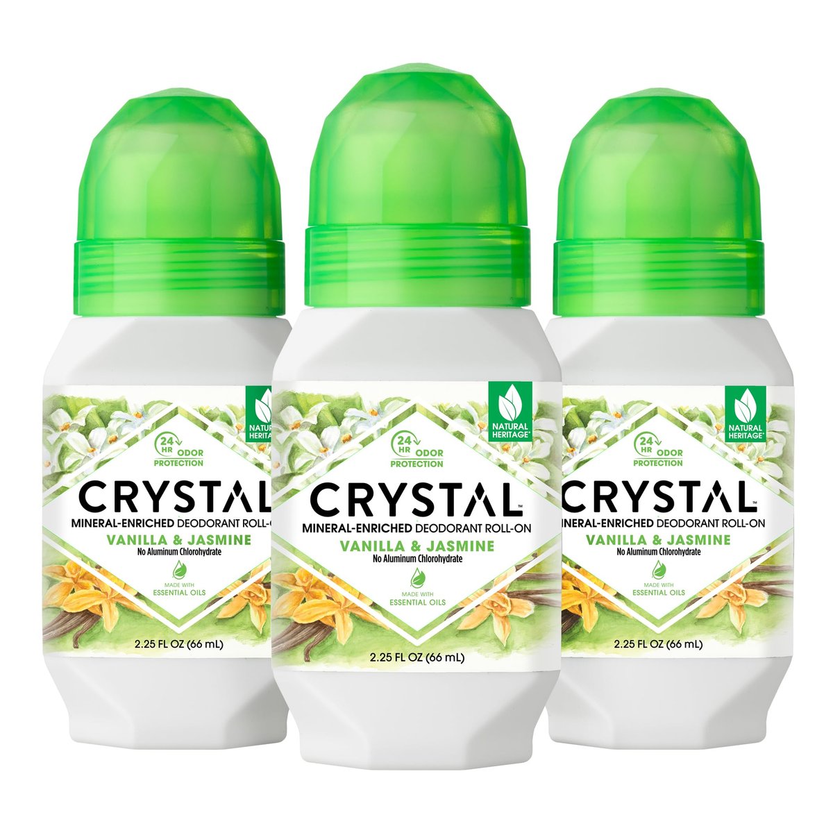 Crystal Essence Mineral Deodorant Roll-On – Vanille Jasmin, 2,25 Fl Oz (3er-Pack) – Veganes Deodorant für Frauen und Männer